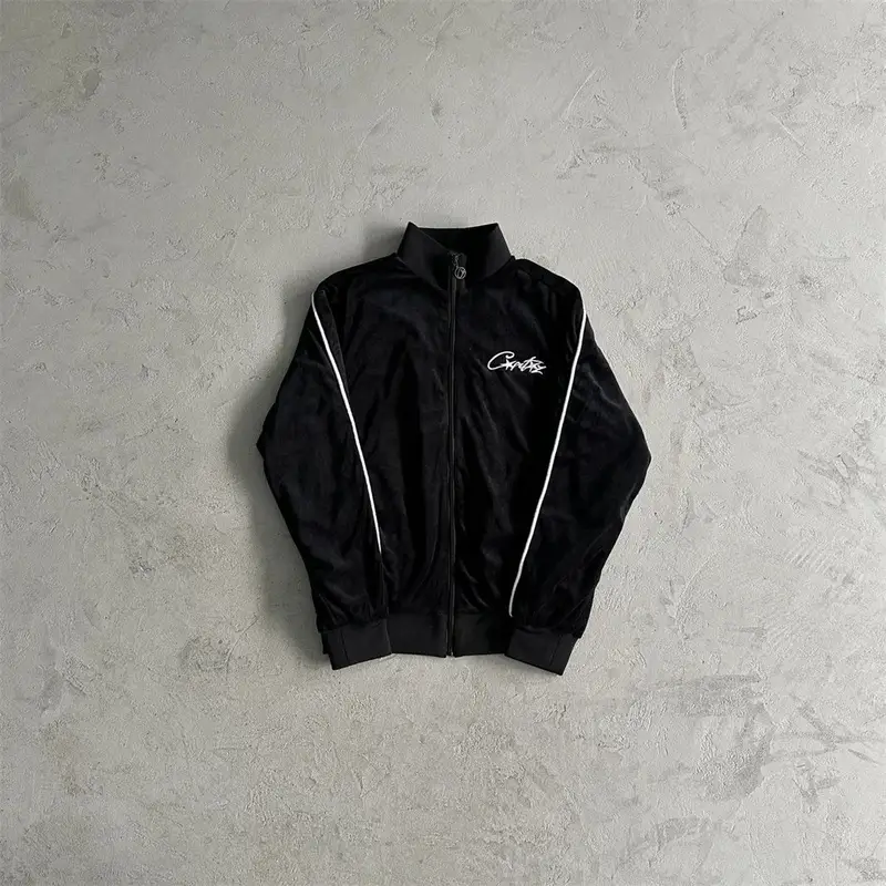 Corteiz Tracksuit Top — Black velvet top with a white label colorway — USFans Spreadsheet photo