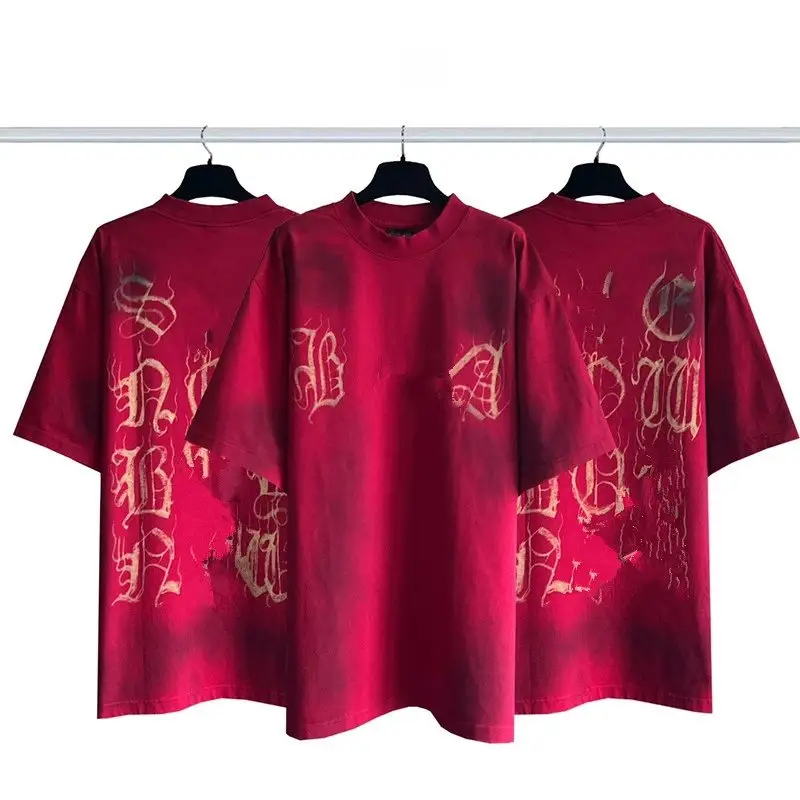 Balenciaga Tees — Sanskrit cement front and back hand painted graffiti red colorway — USFans Spreadsheet photo