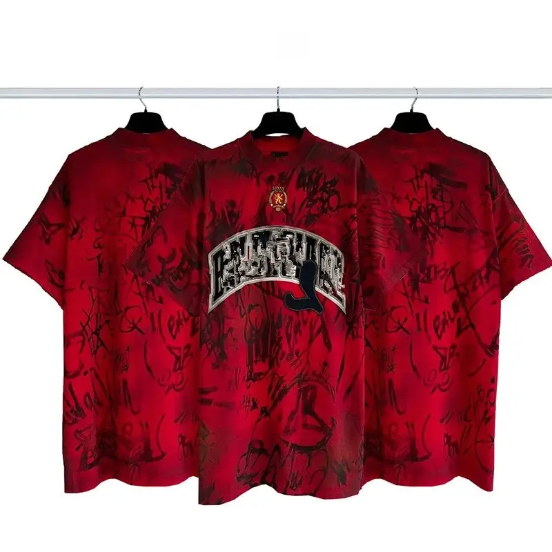 Balenciaga Tees — Cement spray dirty hand-painted full print embroidery red colorway — USFans Spreadsheet photo
