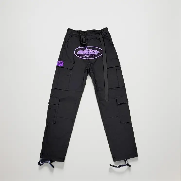 Corteiz Classic Cargo 5 Stars Black White Logo Pants — purple print colorway — USFans Spreadsheet photo