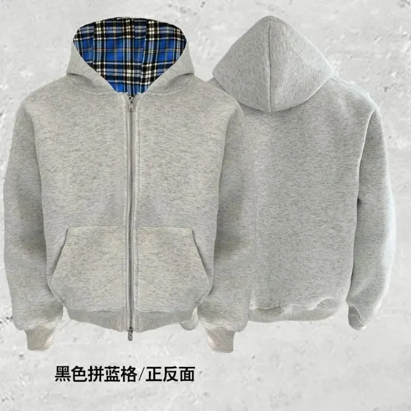 DerSchutze Zip Hoodie — White flower gray blue plaid [plus velvet thickening]] colorway — USFans Spreadsheet photo